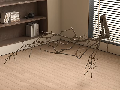 Branch Sculpture Artwork In Indoor Room With Bookshelf Books And Window Blinds 3d model
