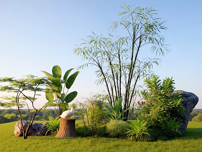 Lush Courtyard Garden With Bamboo Plants Stones White Goose Tree Stump And Green Grass 3d model