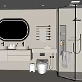 Modern Minimalist Bathroom Interior With Double Sink Vanity Round Mirror And Shower Area