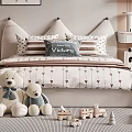 Cozy Kids Bed with Plush Bears Pillows Pointed Headboard and Wooden Toys