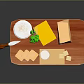 Decorative Ornament Set With Wooden Tray Various Shaped Cheese Blocks Knife Grapes And Bowl