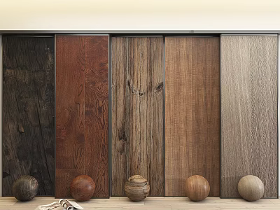 Different Wood Texture Wall Panels With Decorative Wooden Balls And Magazine 3d model