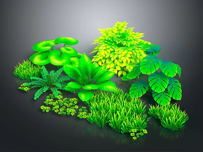 Lush Green Plant Scenery Components With Various Leaves Grass And Bushes 3d model