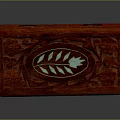 Red Carved Wooden Display Shelving Featuring Leaf Decoration and Ornate Design Details