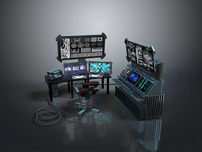 Futuristic Tech Console With Multiple Screens Control Panels And Operator Chair 3d model