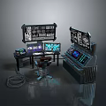 Futuristic Tech Console With Multiple Screens Control Panels And Operator Chair 3d model