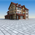 European style Building with Red Roof Yellow White Exterior Wooden Frame Accents and Paved Square