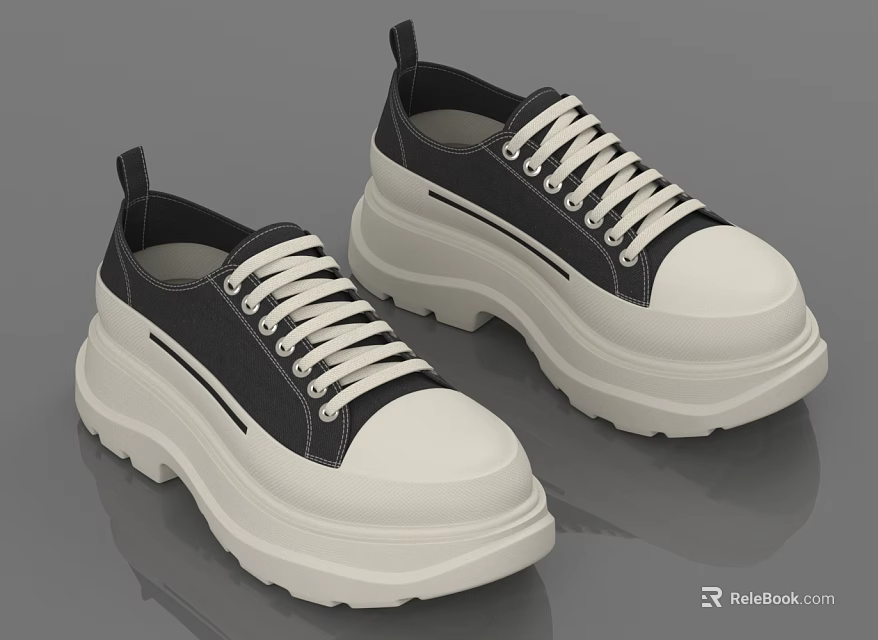 Black And White Casual Lace Up Shoes With Thick Platform White Soles For Daily Wear 3d model 