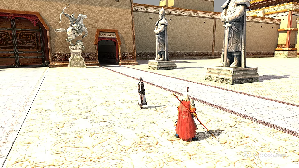 Men In Ancient Costumes Walking In Courtyard With Stone Statues And Architecture 3d model 
