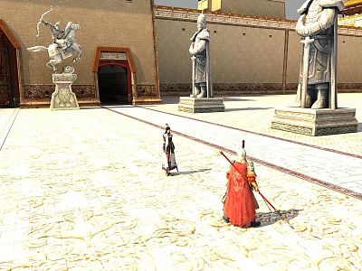 Men In Ancient Costumes Walking In Courtyard With Stone Statues And Architecture 3d model