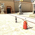 Men In Ancient Costumes Walking In Courtyard With Stone Statues And Architecture