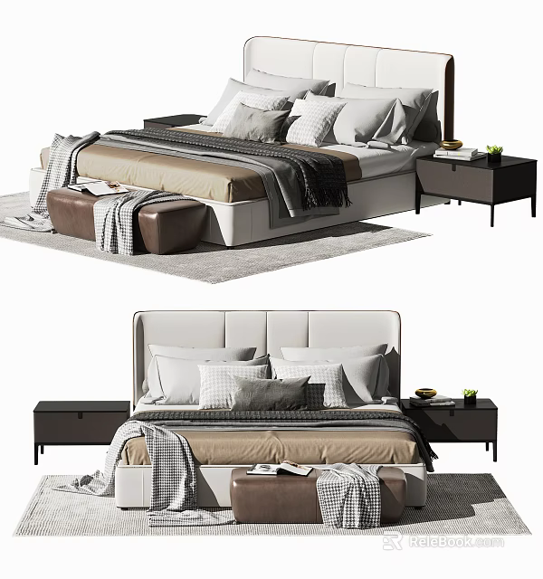 Modern Double Bed Interior With Multiple Pillows Bedside Table Ottoman And Cozy Rug 3d model