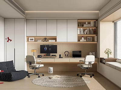 Modern Study Room Interior With Wooden Desk Office Chairs Bookshelves Table Lamp And Area Rug 3d model