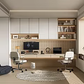 Modern Study Room Interior With Wooden Desk Office Chairs Bookshelves Table Lamp And Area Rug