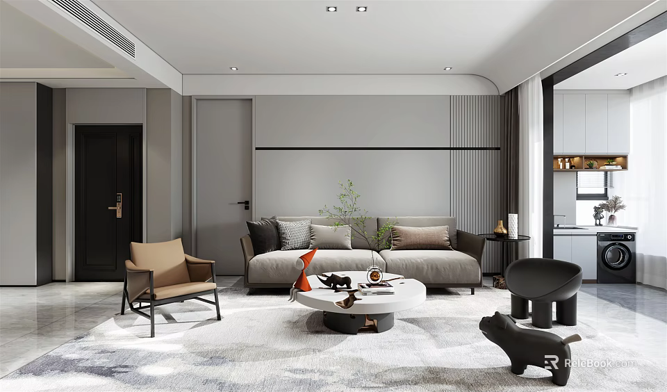 Modern Living and Dining Area Interior With Sofa Coffee Table And Decorative Rug 3d model 