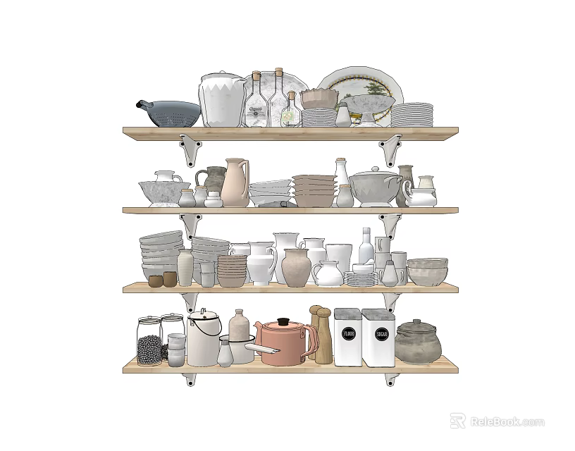 Stylish Dinnerware Set with Bowls Plates Cups and Jars on Wooden Shelves 3d model 
