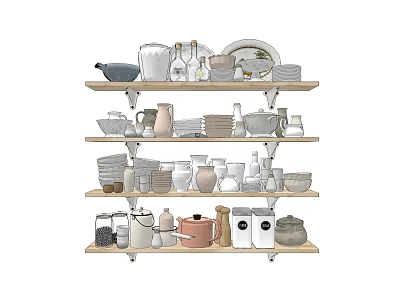 Stylish Dinnerware Set with Bowls Plates Cups and Jars on Wooden Shelves 3d model