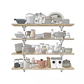 Stylish Dinnerware Set with Bowls Plates Cups and Jars on Wooden Shelves