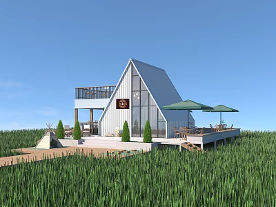 Modern Pavilion Triangular Roof White Exterior Green Grass Field Balcony Terrace Green Umbrellas Small Trees 3d model