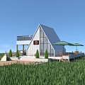 Modern Pavilion Triangular Roof White Exterior Green Grass Field Balcony Terrace Green Umbrellas Small Trees