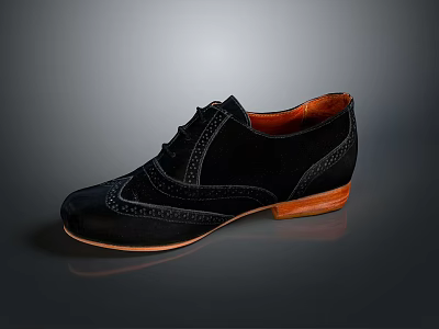 Elegant Black Leather Brogue Shoes With Intricate Carving And Brown Sole 3d model