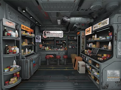 Industrial Style Mall Store Shelves Stocked With Products Red Stools Tables Metal Decor And Signs 3d model