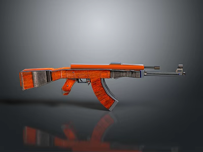 Assault Rifle Featuring Orange Body Wooden Stock On Dark Reflective Background 3d model