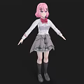 Anime woman with pink hair purple eyes white shirt red bow gray skirt black background