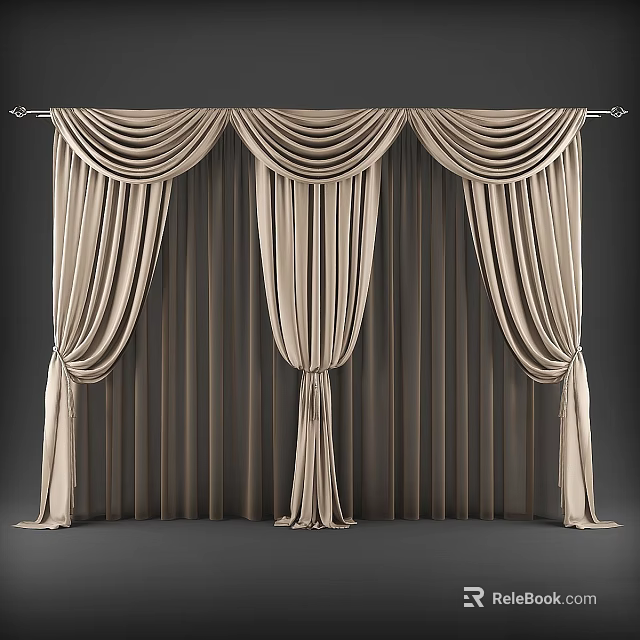Elegant Beige Pleated Curtains With Flowing Drapes And Decorative Top Design 3d model 