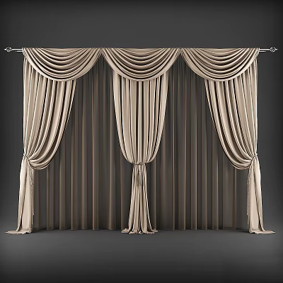 Elegant Beige Pleated Curtains With Flowing Drapes And Decorative Top Design 3d model