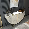 Modern Entryway Console Table With White Curved Design Gold Accents And Wall Art Decor