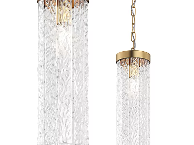 Elegant Cylindrical Glass Chandelier With Textured Clear Shade And Brass Hanging Design 3d model