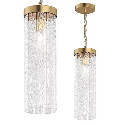 Elegant Cylindrical Glass Chandelier With Textured Clear Shade And Brass Hanging Design 3d model