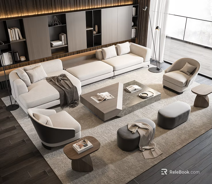Modern Living Room Sofa And Coffee Table Set With Armchairs Ottomans And Area Rug 3d model 