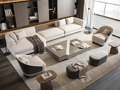 Modern Living Room Sofa And Coffee Table Set With Armchairs Ottomans And Area Rug 3d model