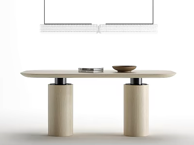 Minimalist Light Wood Dining Table With Cylindrical Legs Top And Simple Decorations 3d model