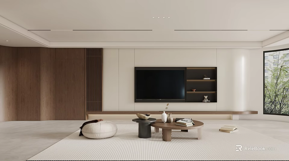 Modern Living Dining Room Interior With TV Cabinet Coffee Table Beige Rug And Wooden Elements 3d model 