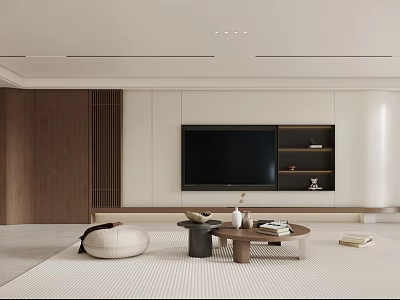 Modern Living Dining Room Interior With TV Cabinet Coffee Table Beige Rug And Wooden Elements 3d model