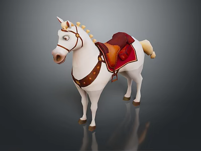 White Unicorn Toy With Brown Saddle Red Pad Reins And Dark Background 3d model