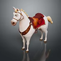 White Unicorn Toy With Brown Saddle Red Pad Reins And Dark Background