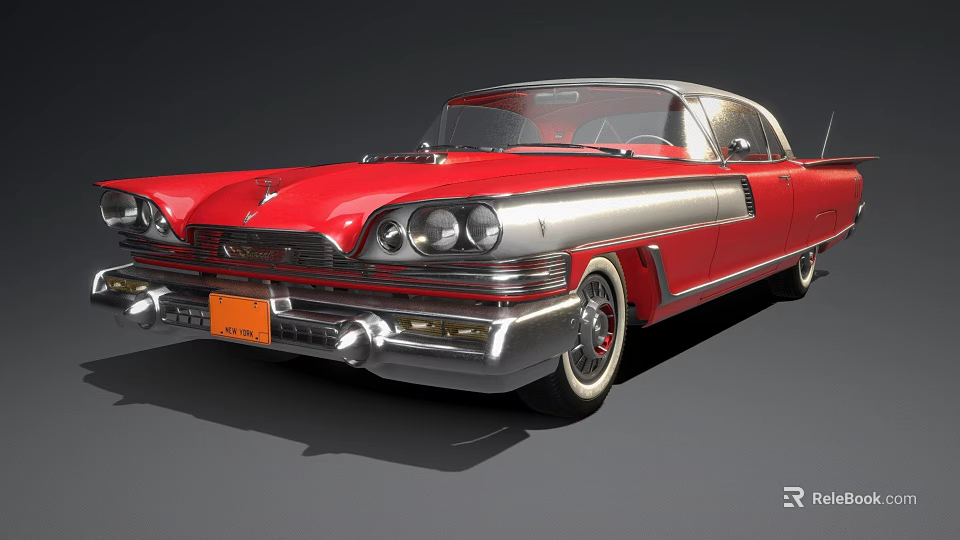 Red Classic Car With Chrome Accents Retro Design Vintage Body Lines And Tailfin Detail 3d model 