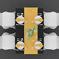 Elegant Dining Table Set With Black Tablecloth Yellow Runner White Chairs And Floral Centerpiece