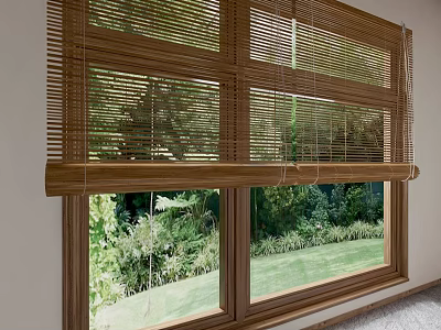 Bamboo Window Blinds in Bright Room With Garden View And Green Plants 3d model