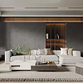Modern Living Room Interior Design With Gray Sofa Coffee Table Plants Wooden Wall And Rug