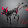 Mystical Gray Creature With Red Horns Fluffy Tails And Red Markings