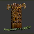 Intricately Carved Wooden Pillar With Ornate Top Curved Side Decorations And Green Base Decoration