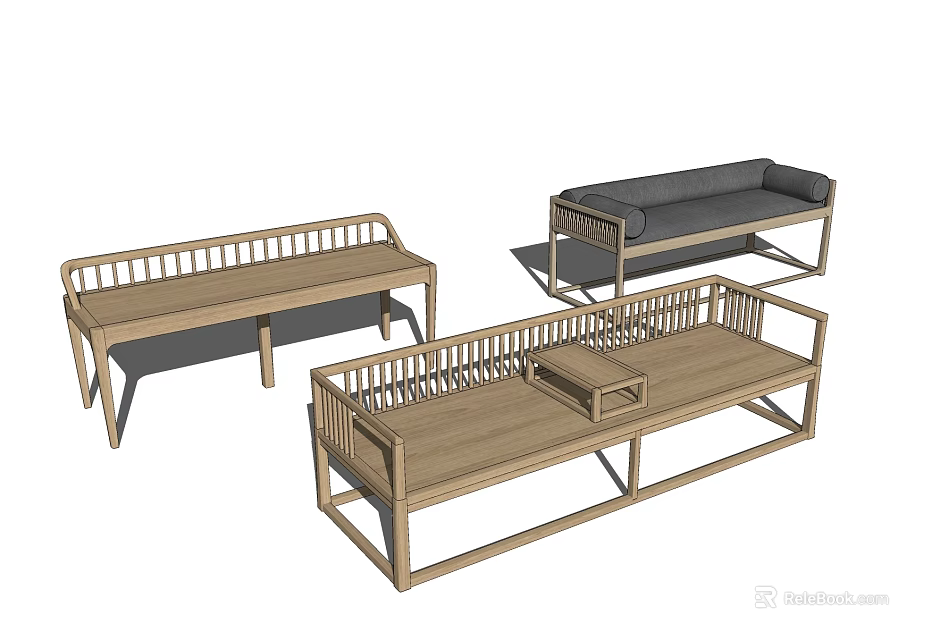 Modern Wooden Daybed Set With Simple Frame And Backrest Design Features 3d model