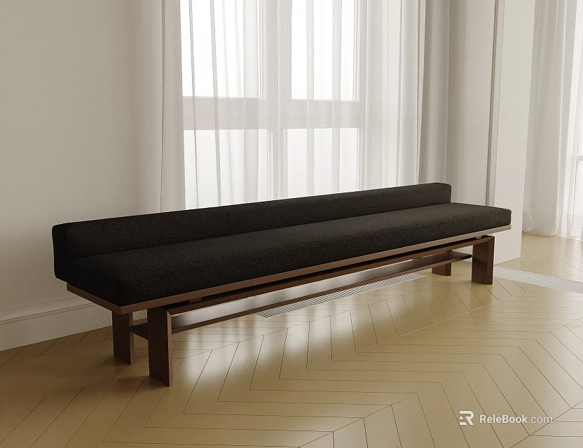 Black Sofa Bench With Wooden Legs On Herringbone Wooden Floor And White Curtains By Window 3d model 