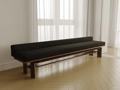 Black Sofa Bench With Wooden Legs On Herringbone Wooden Floor And White Curtains By Window 3d model
