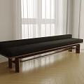 Black Sofa Bench With Wooden Legs On Herringbone Wooden Floor And White Curtains By Window